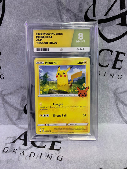 Graded Pokemon Card - 049/203 2022 Evolving Skies Pikachu Trick or Trade - Ace 8