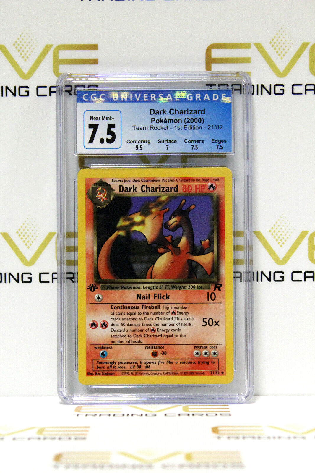 Graded Pokemon Card - #21/82 2000 Dark Charizard Team Rocket 1st Ed - CGC 7.5