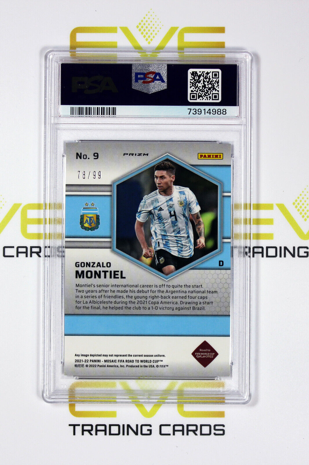 2021-22 Panini Blue Mosaic Prizm Road to World Cup #9 Gonzalo Montiel /99 PSA 10