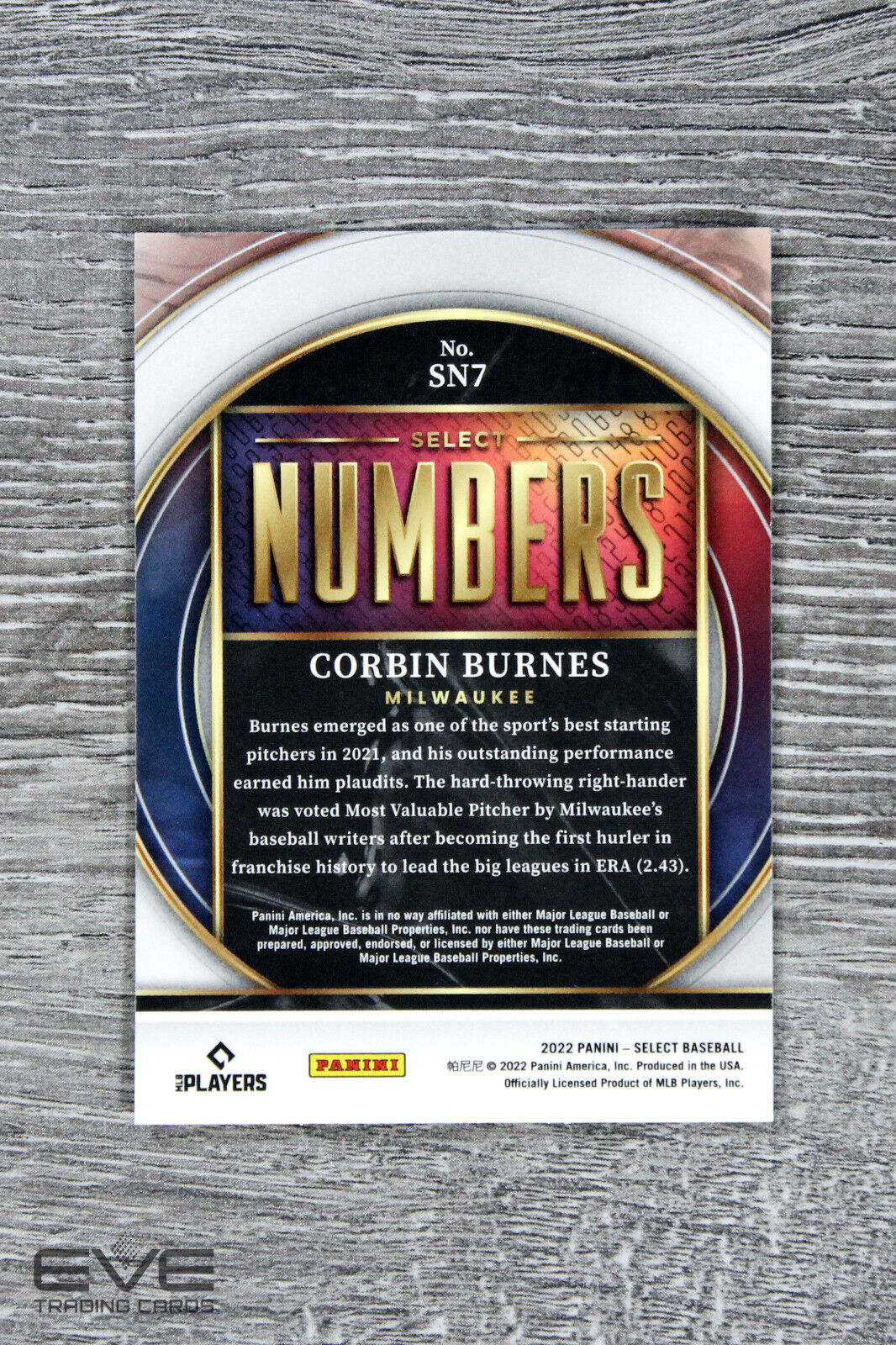 2022 Panini Select Baseball Card #SN7 Corbin Burnes Numbers Insert - NM/M
