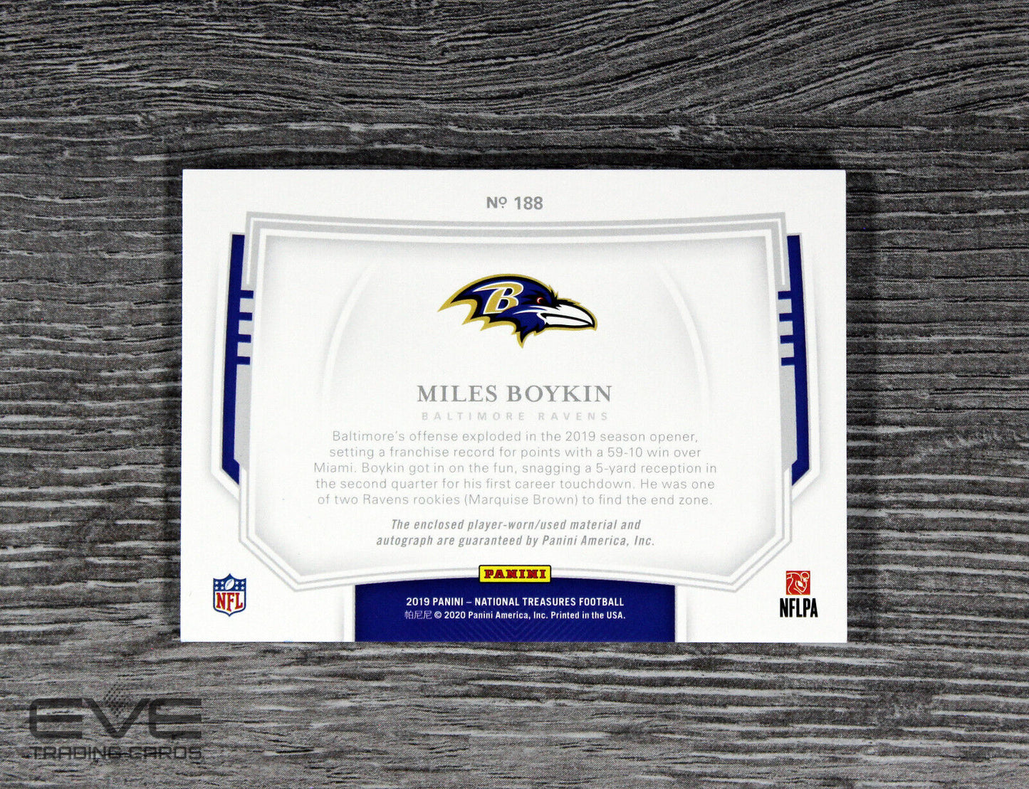 2019 Panini National Treasures NFL Card #188 Miles Boykin Patch Auto /80 NM/M