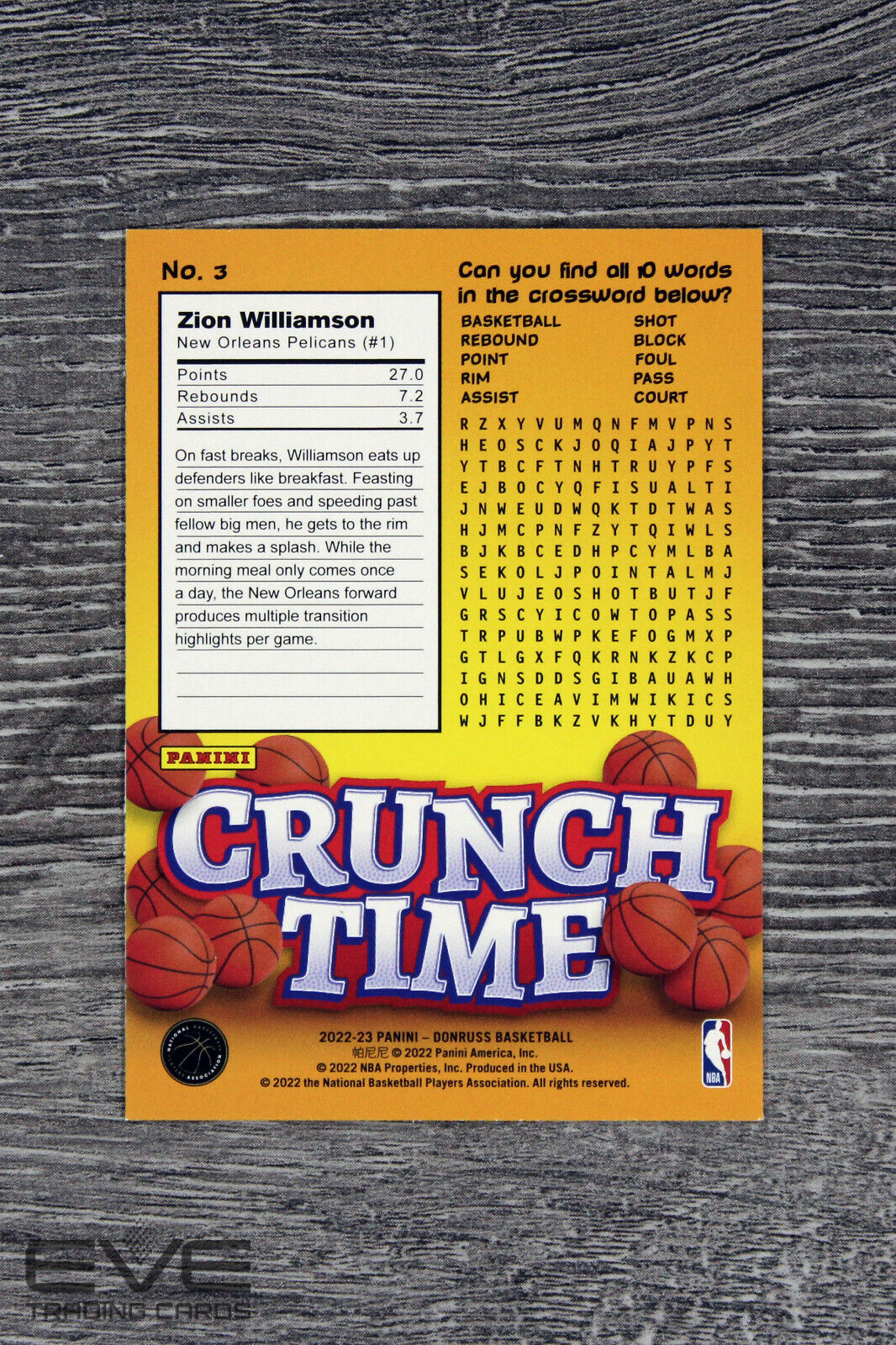 2022-23 Panini Donruss Basketball Card #3 Zion Williamson "Crunch Time" - NM/M