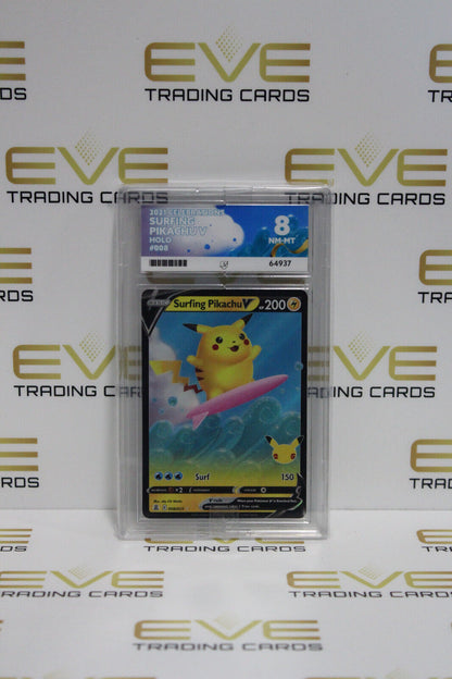 Graded Pokemon Card - #008/025 2021 Celebrations Surfing Pikachu V Holo - Ace 8