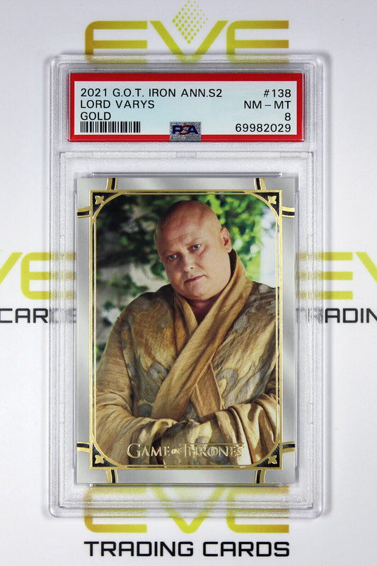 Graded Game of Thrones Card - #138 2021 Lord Varys - Gold /99 - PSA 8