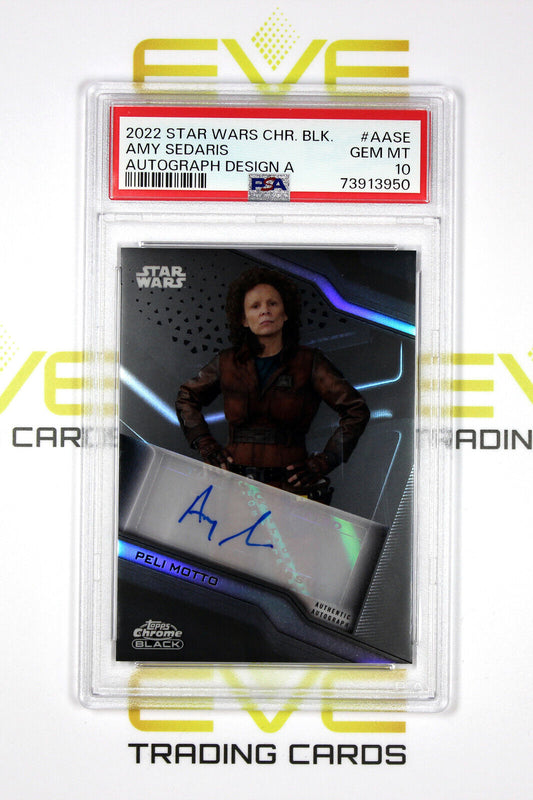 Topps Chrome Black Star Wars #A-ASE Amy Sedaris as Peli Motto Design A - PSA 10