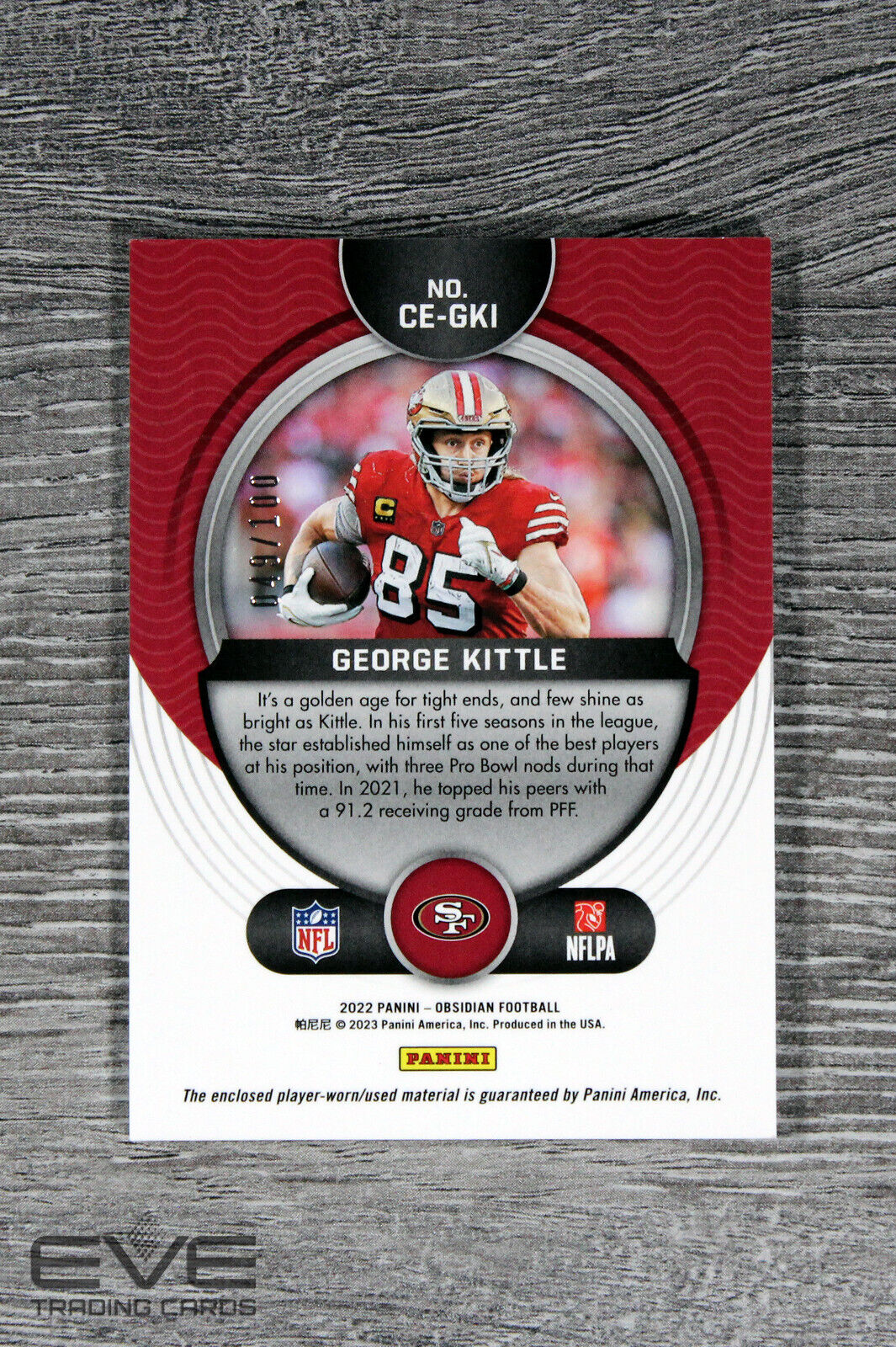 2022 Panini Obsidian NFL Card #CE-GKI George Kittle Cutting Edge Patch /100 NM/M
