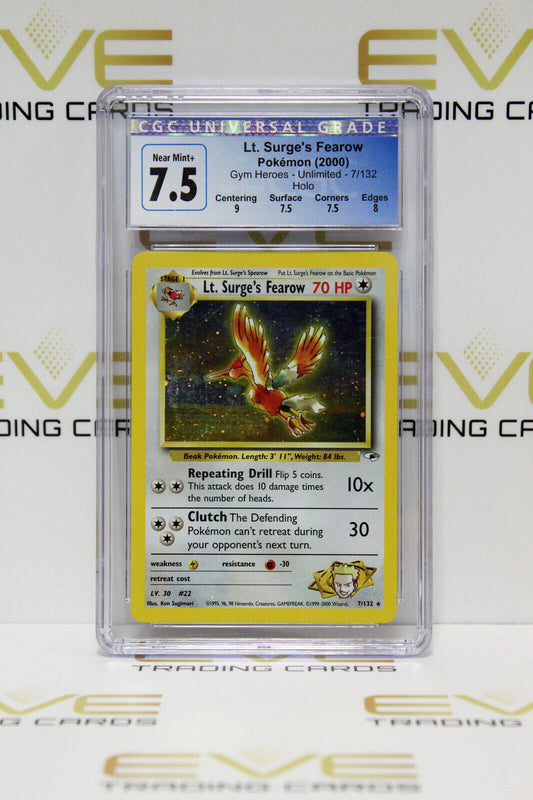 Graded Pokemon Card - #7/132 2000 Lt.Surge's Fearow Gym Heroes Holo - CGC 7.5