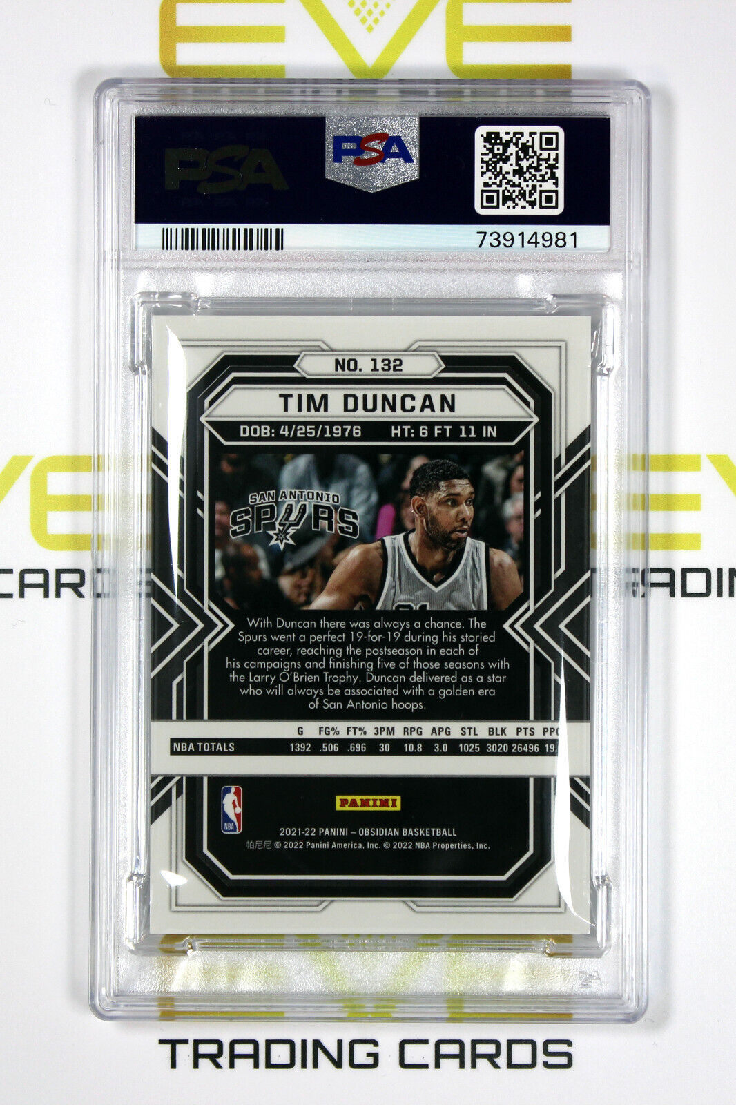 2021 Panini Obsidian Basketball Card #132 Tim Duncan Electric Etch Asia - PSA 9