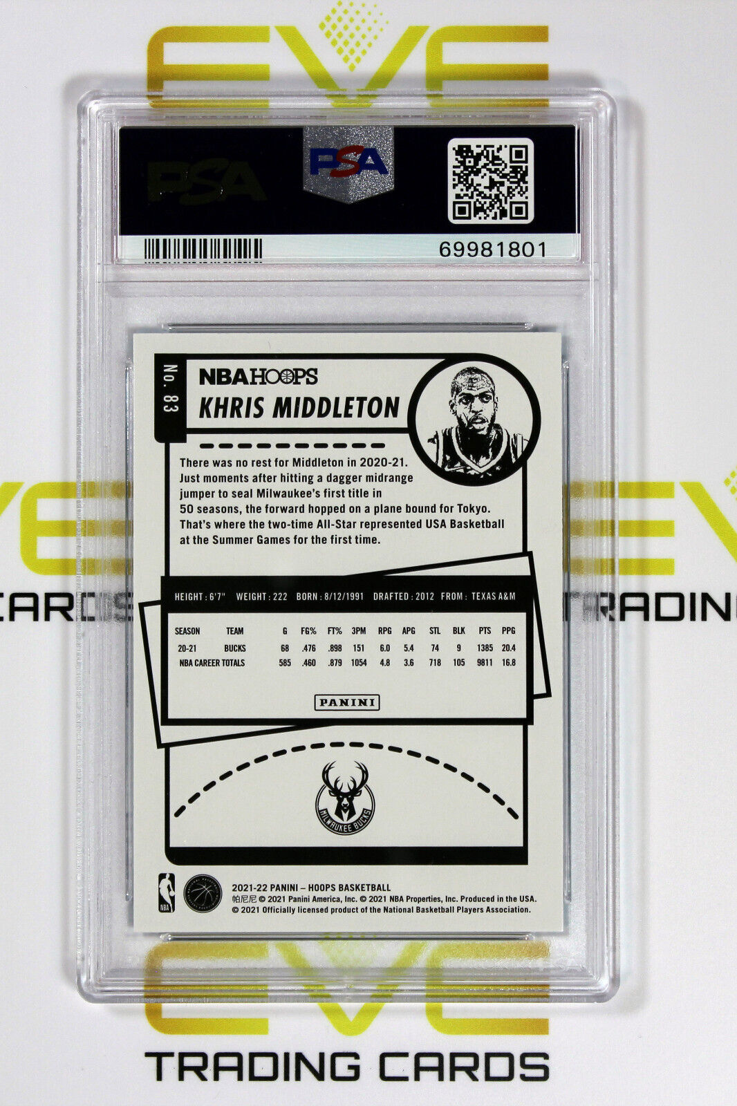 Graded Basketball Card- #83 2021 NBA Hoops Khris Middleton Teal Explosion -PSA 9