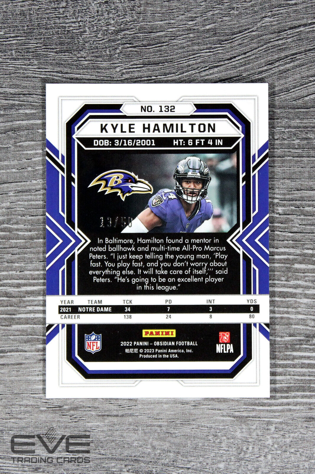 2022 Panini Obsidian NFL Card #132 Kyle Hamilton Green Etch Rookie /50 NM/M