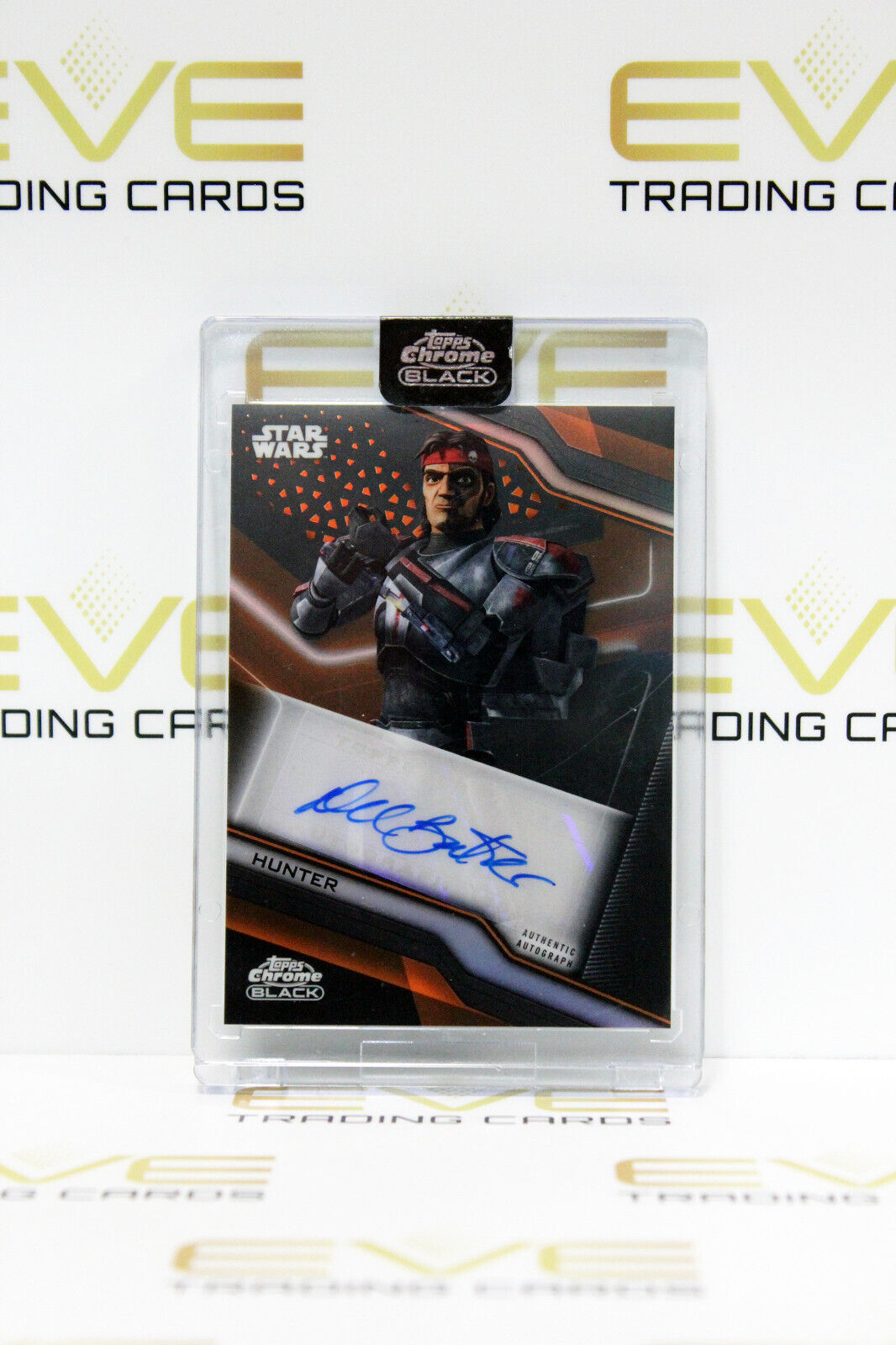 Topps Chrome Black Star Wars Dee Bradley Baker/Hunter Auto Orange Refractor Card