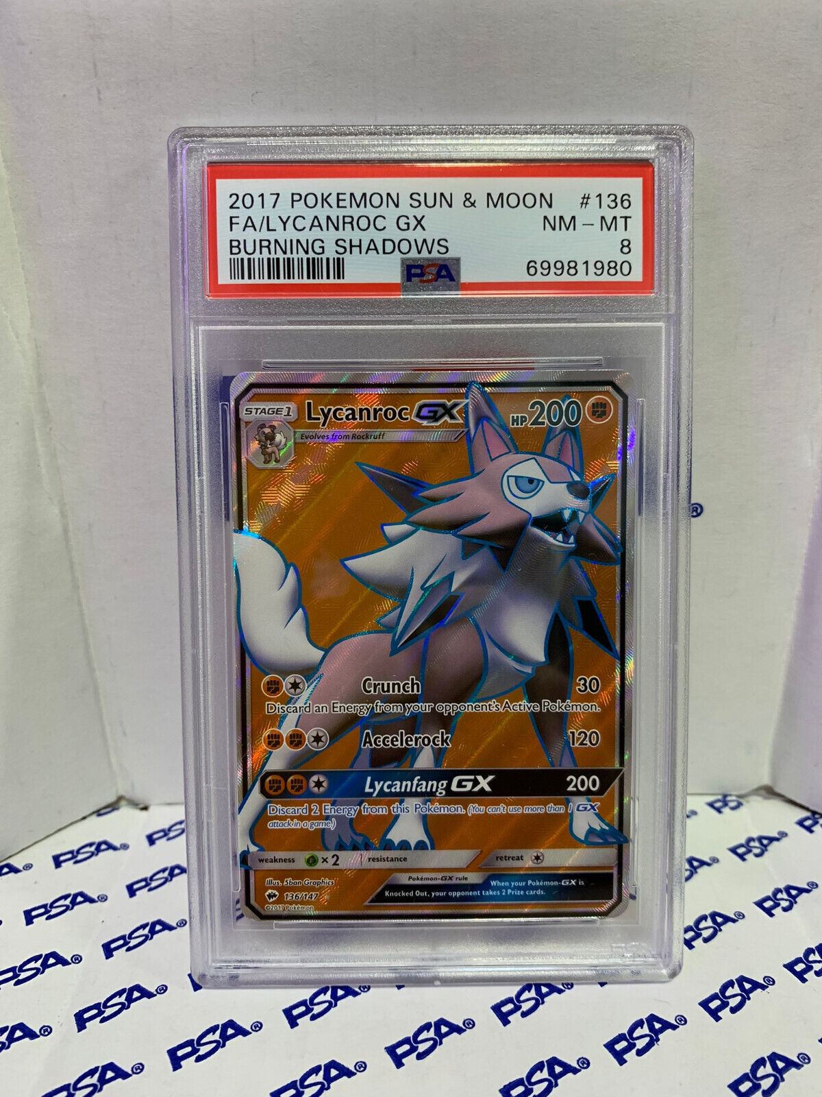 Graded Pokemon Card - 136/147 Sun & Moon FA/Lycanroc GX Burning Shadows - PSA 8