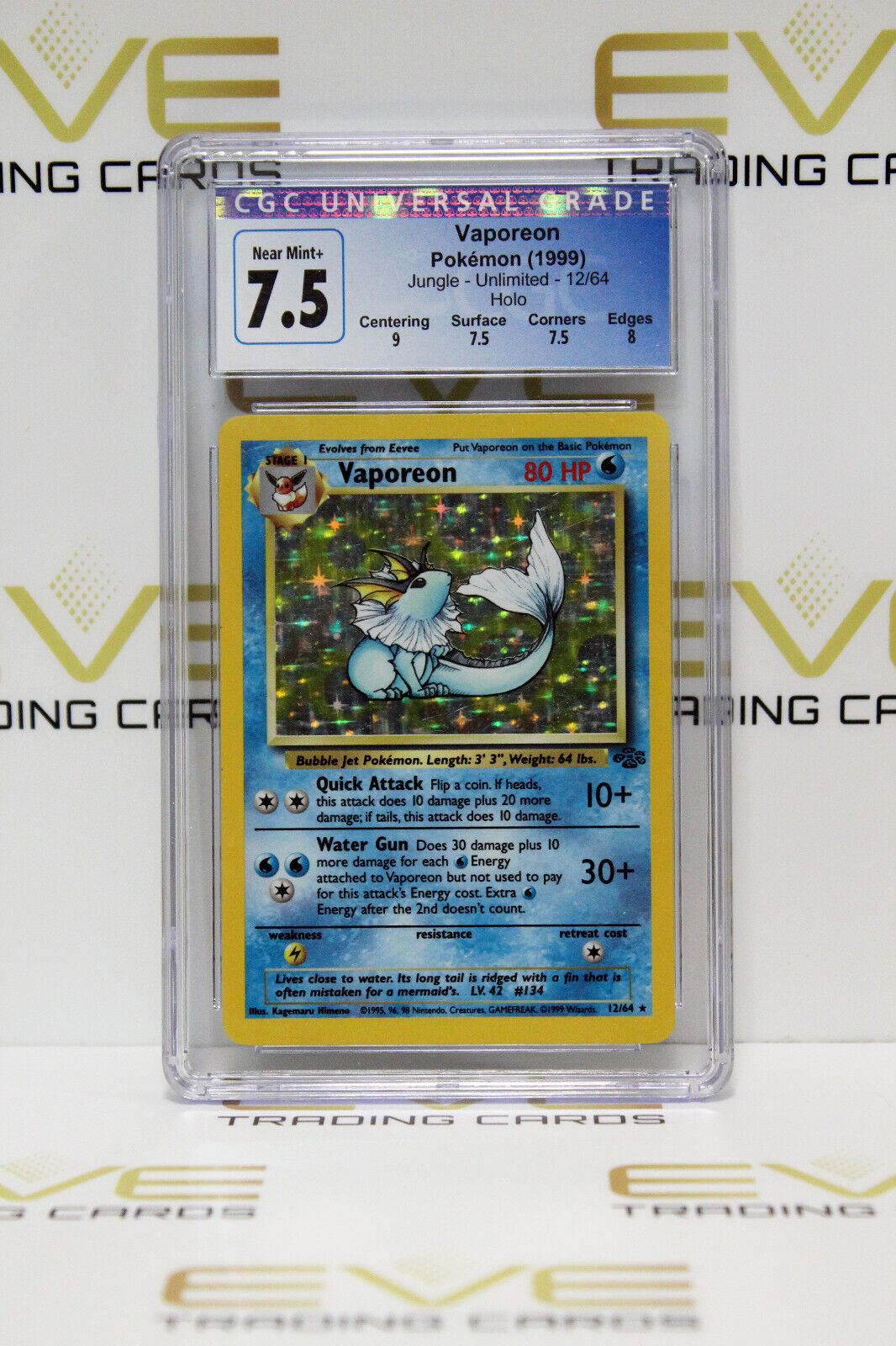 Graded Pokemon Card - #12/64 1999 Vaporeon Jungle Unlimited Holo - CGC 7.5