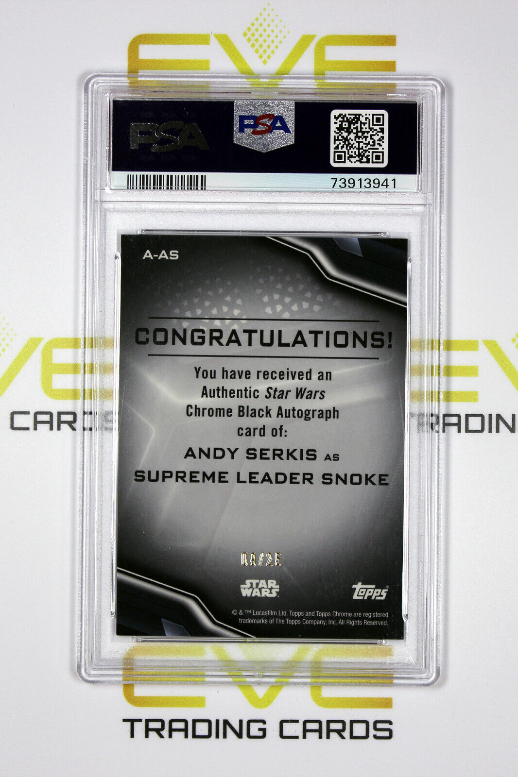 Topps Chrome Black Star Wars #A-AS Andy Serkis as Snoke Autograph /25 - PSA 9