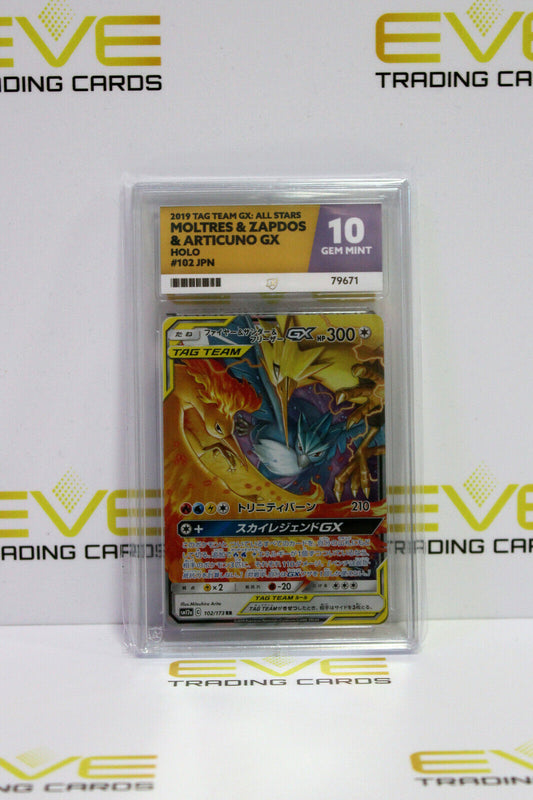 Graded Pokemon Card 102/173 2019 Tag Team GX Moltres Zapdos Articuno Holo Ace 10