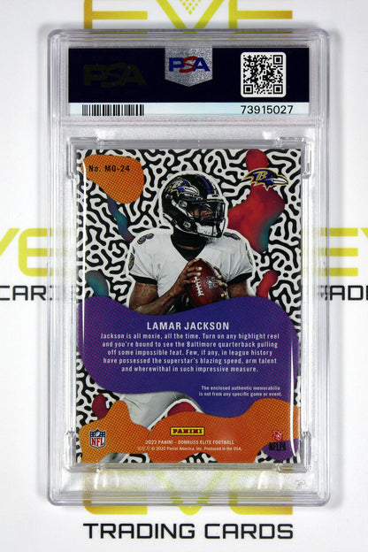 2022 Panini Donruss Elite NFL Card #MO-24 Lamar Jackson Moxie Material - PSA 9