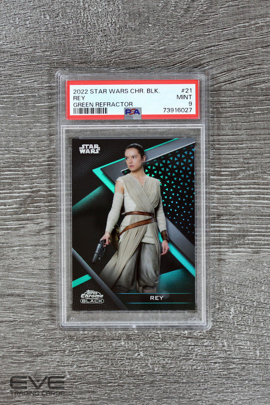 2022 Topps Star Wars Chrome Black #21 Rey Green Refractor /99 - PSA 9