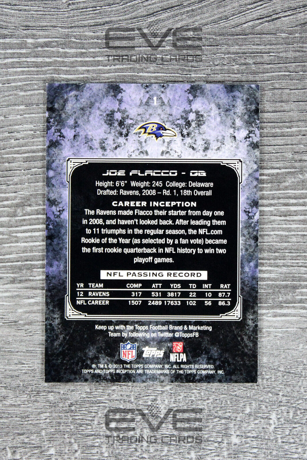 2013 Topps Inception NFL Card #1 Joe Flacco Quarterback