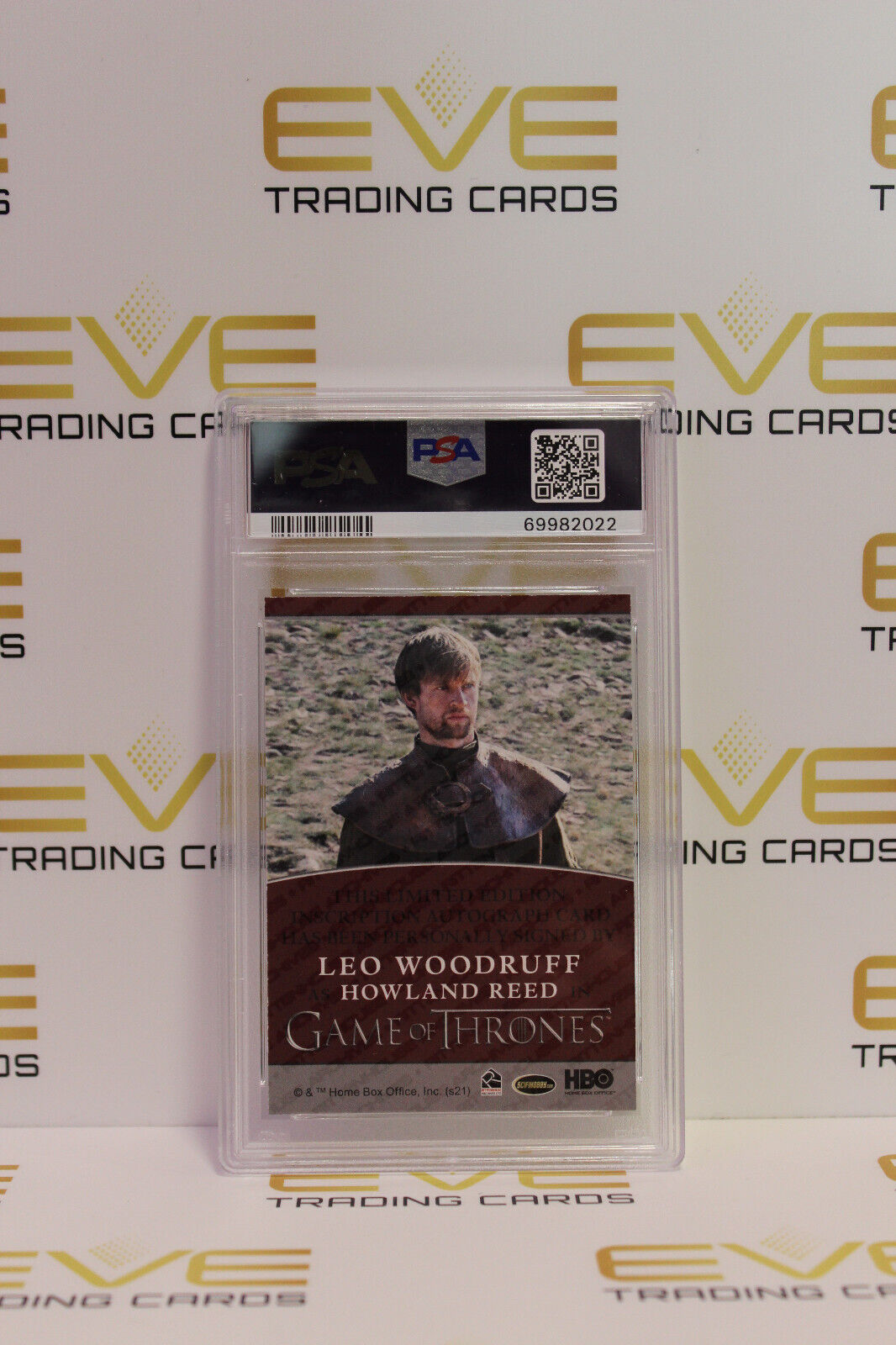 Graded Game of Thrones Autographed Card - 2021 Leo Woodruff / Howland Reed PSA 9