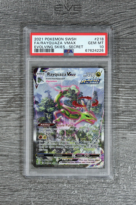 Pokemon Card - #218/203 2021 Rayquaza VMAX Secret Evolving Skies Full Art PSA 10