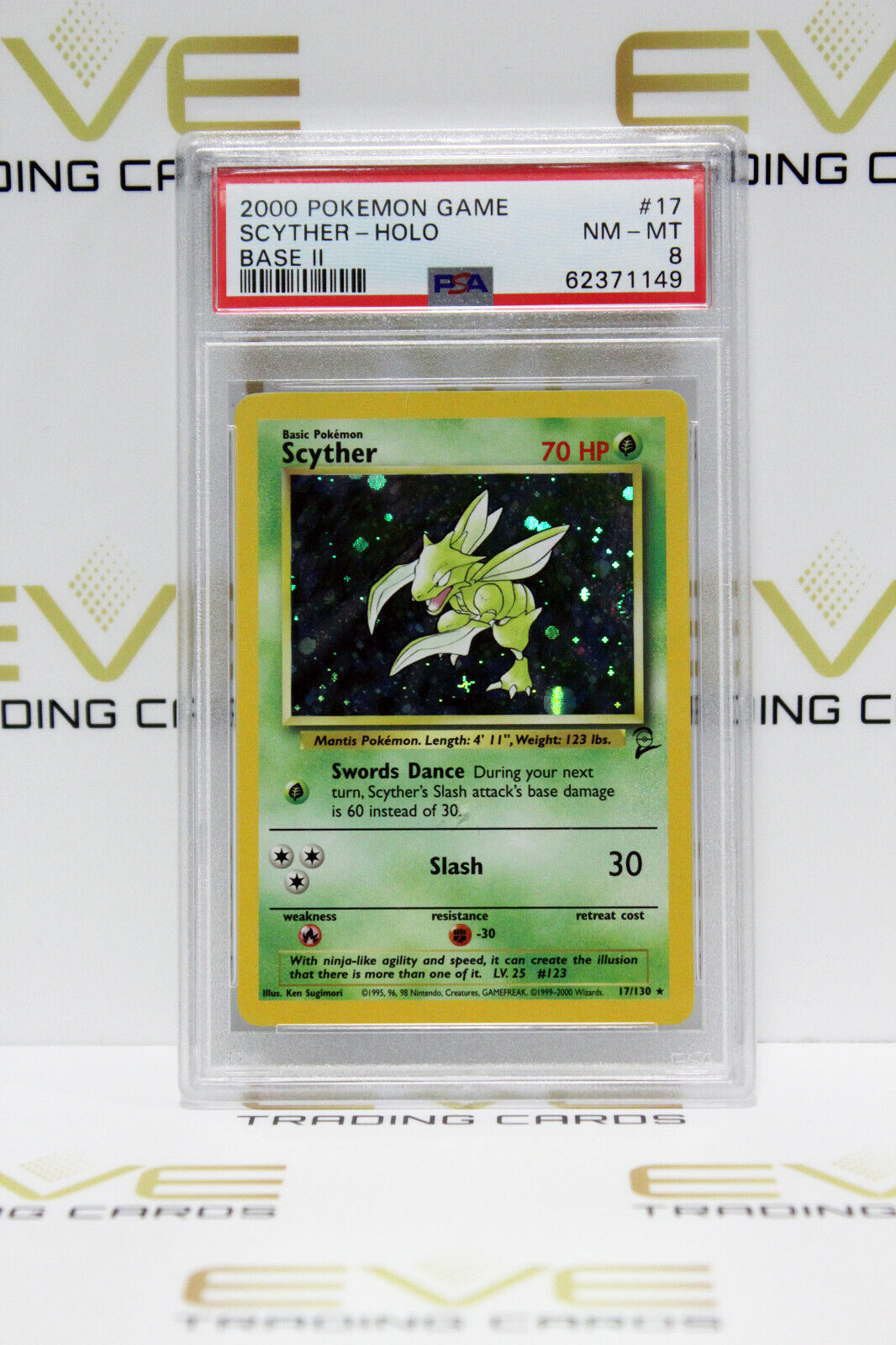 Graded Pokemon Card - 17/130 2000 Scyther Base 2 Holo - PSA 8